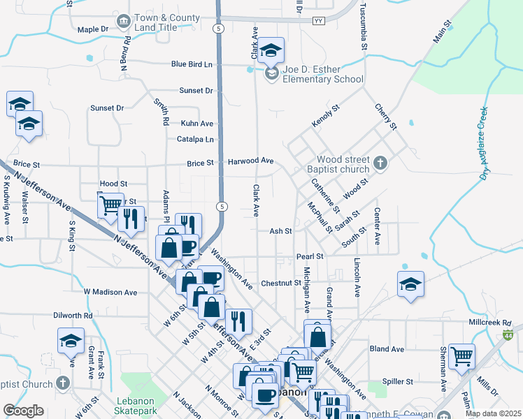 map of restaurants, bars, coffee shops, grocery stores, and more near 608 Clark Avenue in Lebanon