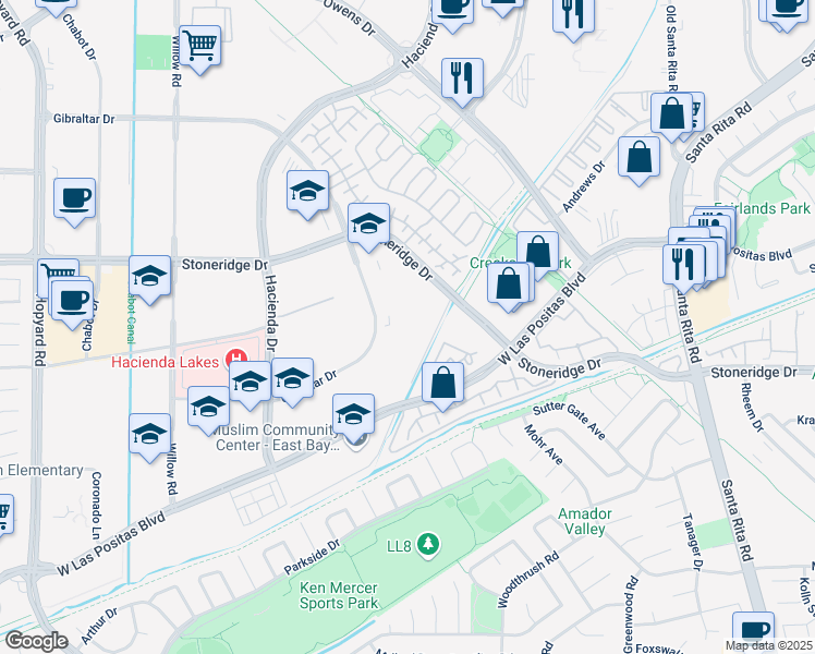 map of restaurants, bars, coffee shops, grocery stores, and more near 5669 Gibraltar Drive in Pleasanton