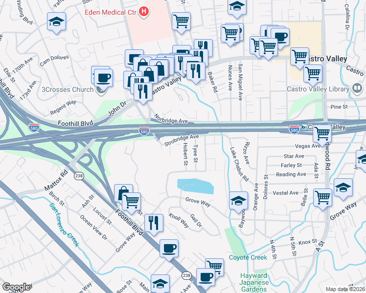 map of restaurants, bars, coffee shops, grocery stores, and more near 21259 Hobert Street in Castro Valley