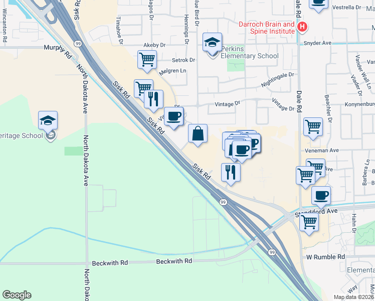 map of restaurants, bars, coffee shops, grocery stores, and more near 3500 Sisk Rd in Modesto