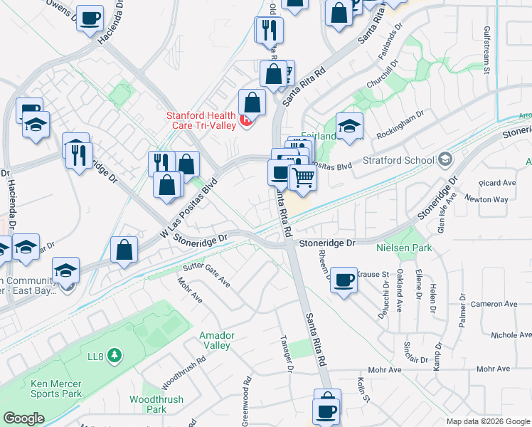 map of restaurants, bars, coffee shops, grocery stores, and more near 3039 Tonopah Circle in Pleasanton