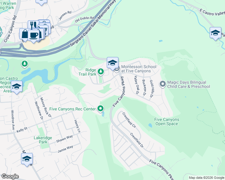 map of restaurants, bars, coffee shops, grocery stores, and more near 23129 Canyon Terrace Drive in Castro Valley