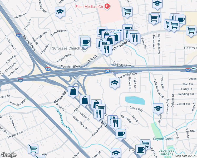 map of restaurants, bars, coffee shops, grocery stores, and more near 21071 Gary Drive in Hayward