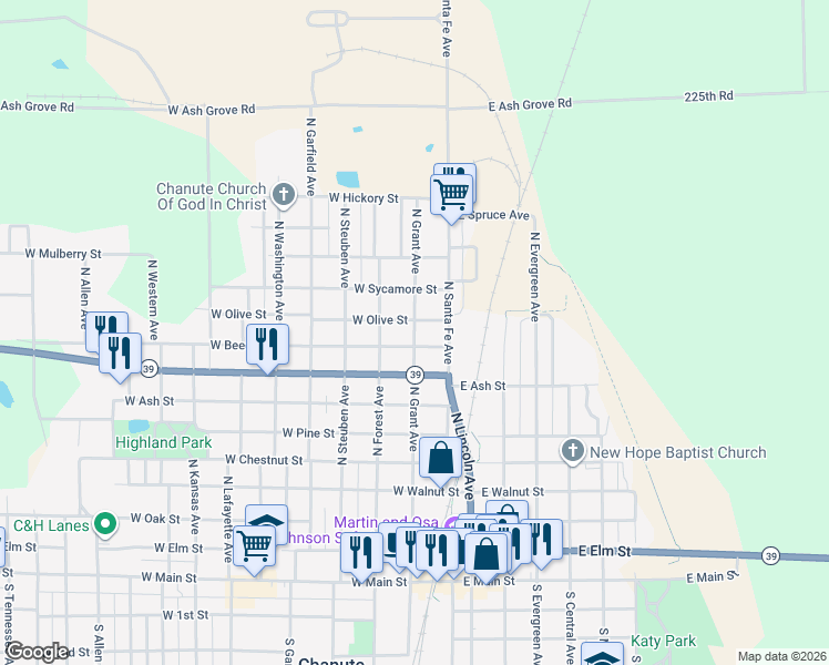 map of restaurants, bars, coffee shops, grocery stores, and more near 801 North Grant Avenue in Chanute
