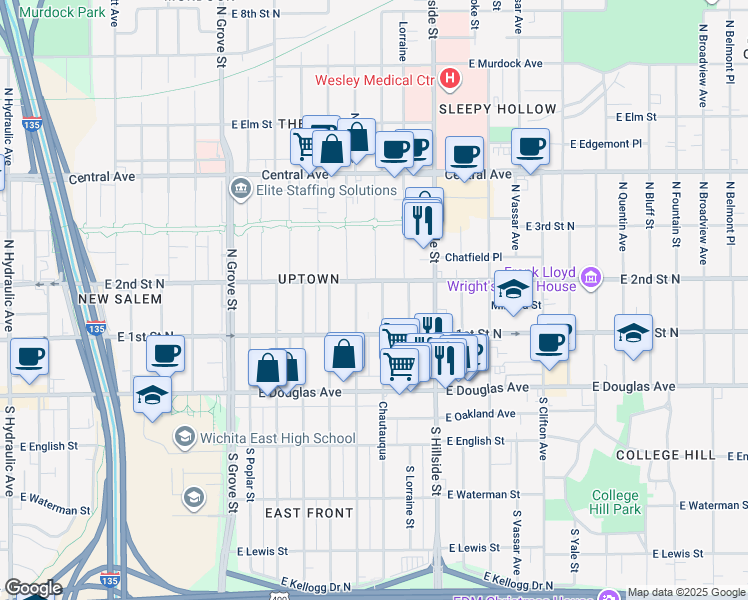 map of restaurants, bars, coffee shops, grocery stores, and more near 220 North Erie Street in Wichita