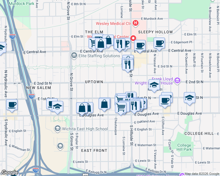 map of restaurants, bars, coffee shops, grocery stores, and more near 220 North Erie Street in Wichita
