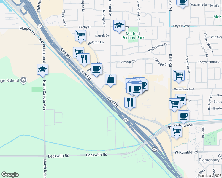 map of restaurants, bars, coffee shops, grocery stores, and more near 3500 Sisk Road in Modesto