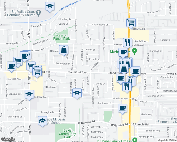 map of restaurants, bars, coffee shops, grocery stores, and more near 701 Standiford Avenue in Modesto
