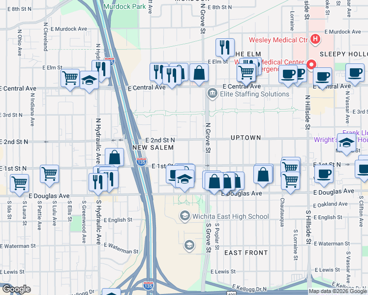 map of restaurants, bars, coffee shops, grocery stores, and more near 233 North Spruce Street in Wichita
