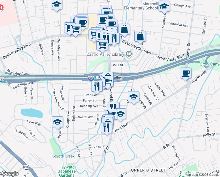 map of restaurants, bars, coffee shops, grocery stores, and more near Redwood Road & Vegas Avenue in Castro Valley