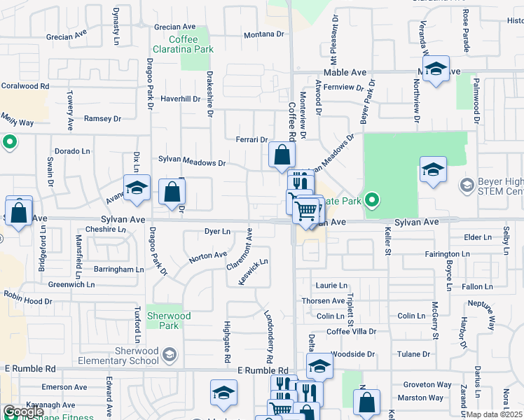 map of restaurants, bars, coffee shops, grocery stores, and more near 1101 Sylvan Avenue in Modesto