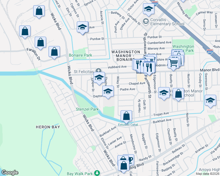 map of restaurants, bars, coffee shops, grocery stores, and more near 15103 Costela Street in San Leandro