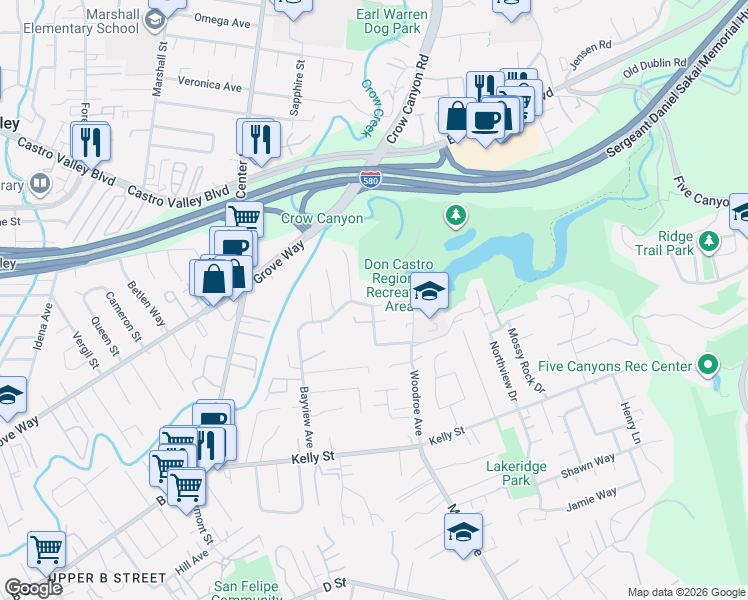 map of restaurants, bars, coffee shops, grocery stores, and more near 2932 Ralston Way in Hayward