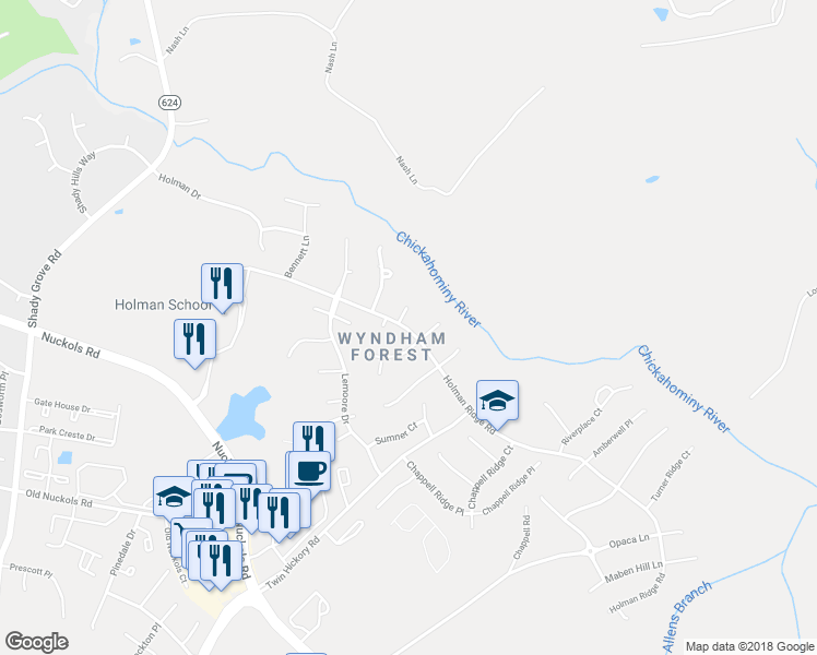 map of restaurants, bars, coffee shops, grocery stores, and more near 4908 Hunter Hill Terrace in Glen Allen