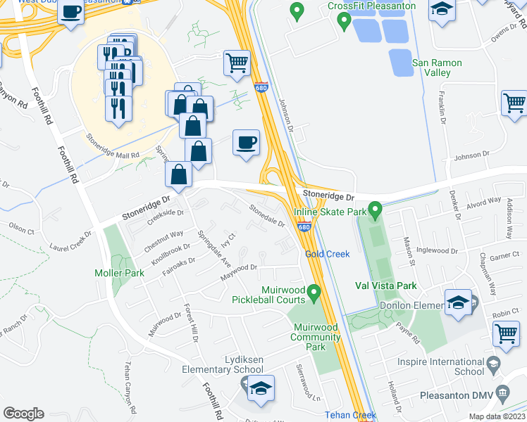 map of restaurants, bars, coffee shops, grocery stores, and more near 7387 Stonedale Drive in Pleasanton