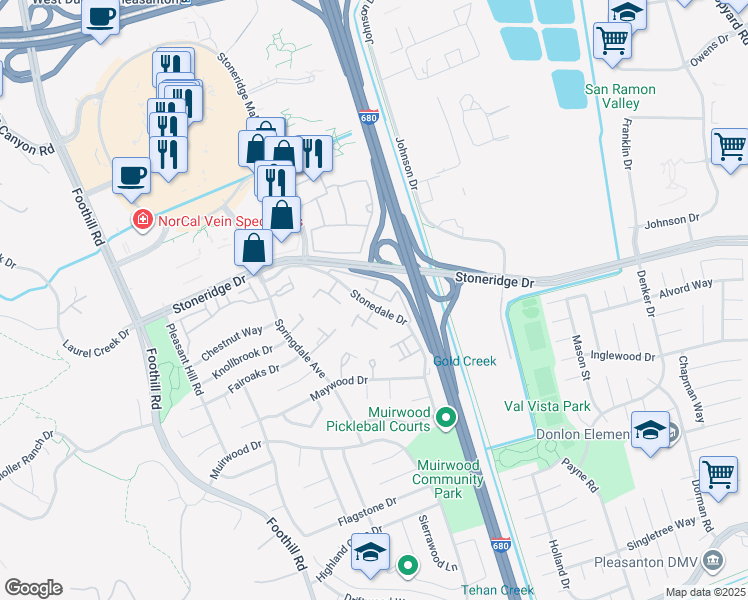 map of restaurants, bars, coffee shops, grocery stores, and more near 7387 Stonedale Drive in Pleasanton