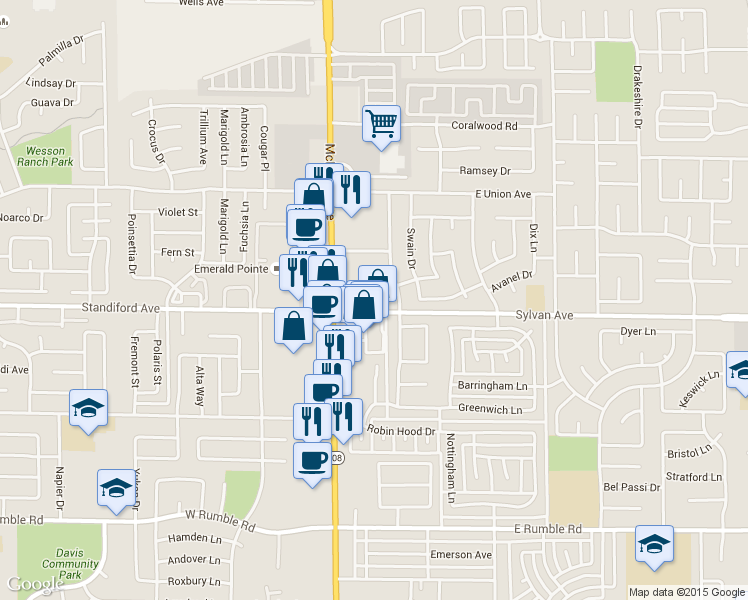 map of restaurants, bars, coffee shops, grocery stores, and more near 204 Sylvan Avenue in Modesto