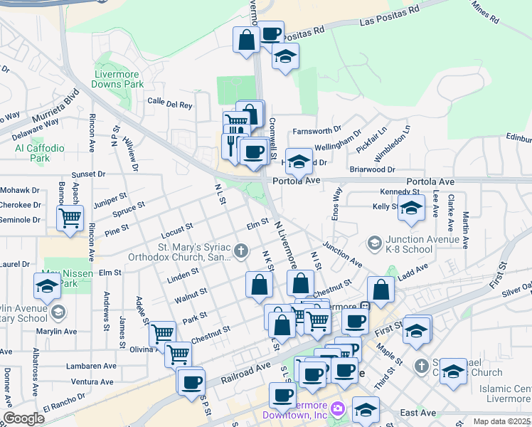 map of restaurants, bars, coffee shops, grocery stores, and more near 2151 Elm Street in Livermore
