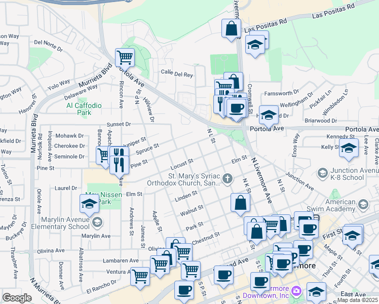 map of restaurants, bars, coffee shops, grocery stores, and more near 1812 Locust Street in Livermore