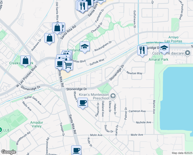 map of restaurants, bars, coffee shops, grocery stores, and more near 3910 Stoneridge Drive in Pleasanton