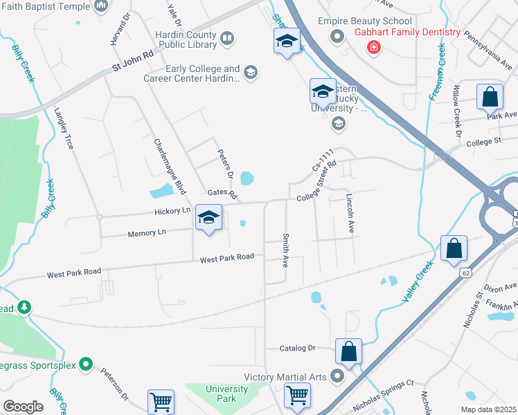 map of restaurants, bars, coffee shops, grocery stores, and more near 200 Hickory Lane in Elizabethtown