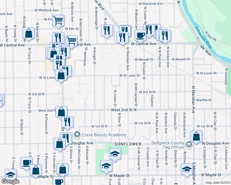 map of restaurants, bars, coffee shops, grocery stores, and more near 336 N Joann St in Wichita
