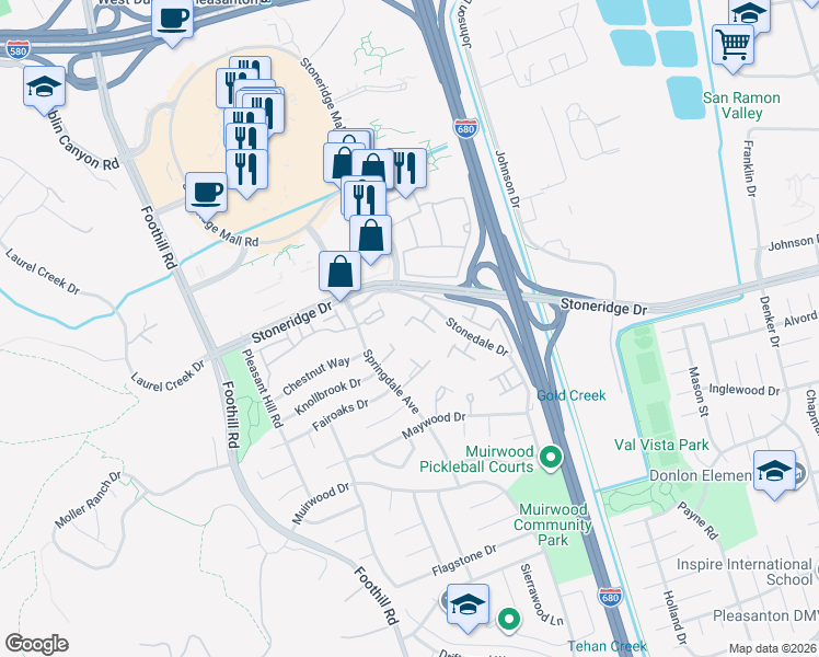 map of restaurants, bars, coffee shops, grocery stores, and more near 5336 Brookside Court in Pleasanton