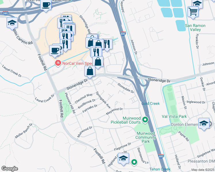 map of restaurants, bars, coffee shops, grocery stores, and more near 5336 Brookside Court in Pleasanton