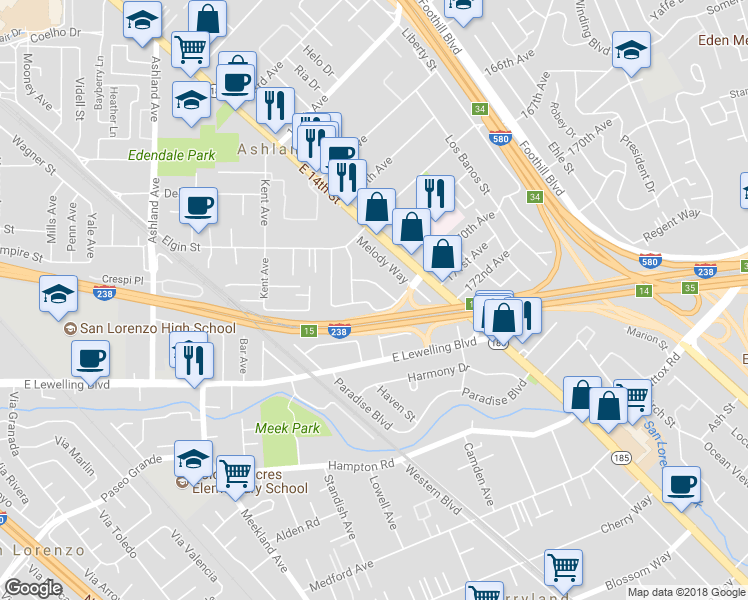 map of restaurants, bars, coffee shops, grocery stores, and more near 16966 Los Reyes Avenue in San Leandro