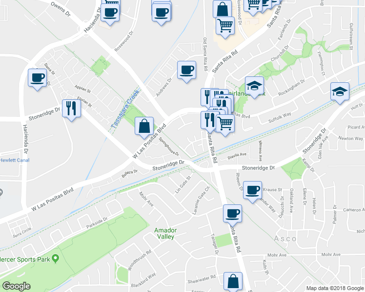 map of restaurants, bars, coffee shops, grocery stores, and more near 3145 Tonopah Court in Pleasanton