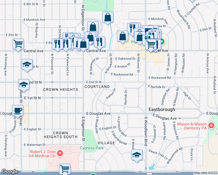 map of restaurants, bars, coffee shops, grocery stores, and more near 5827 Blueridge Street in Wichita