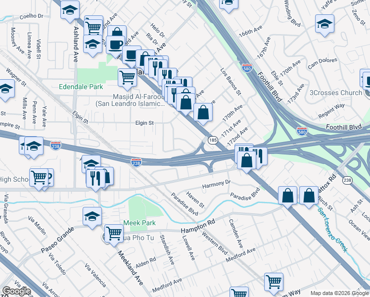map of restaurants, bars, coffee shops, grocery stores, and more near 16966 Los Reyes Avenue in San Leandro