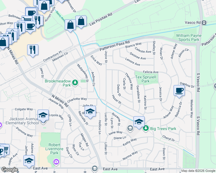 map of restaurants, bars, coffee shops, grocery stores, and more near 646 Joyce Street in Livermore