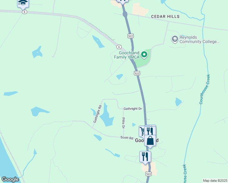 map of restaurants, bars, coffee shops, grocery stores, and more near 3043 River Road West in Goochland
