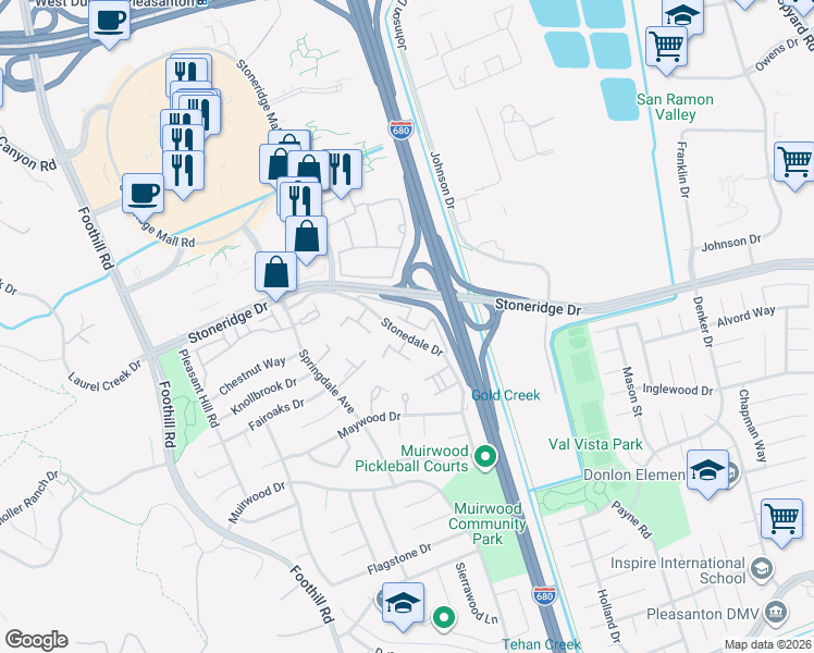 map of restaurants, bars, coffee shops, grocery stores, and more near 7387 Stonedale Drive in Pleasanton