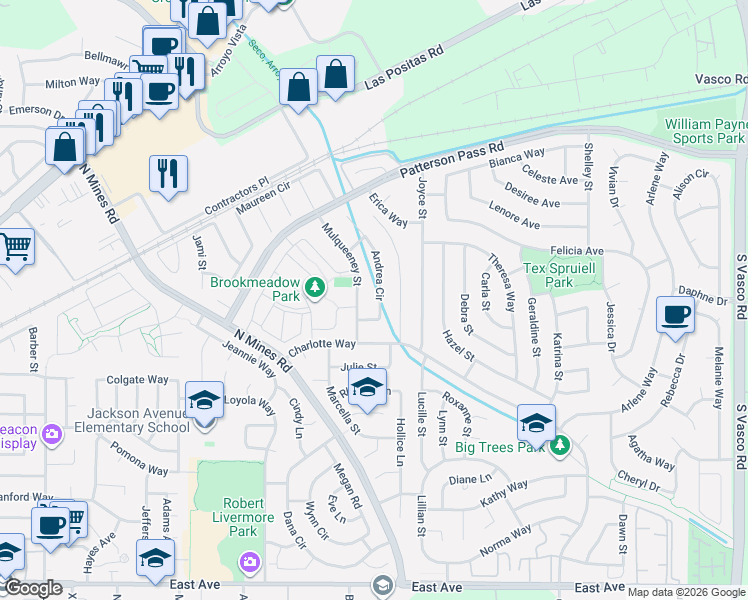 map of restaurants, bars, coffee shops, grocery stores, and more near 523 Andrea Circle in Livermore