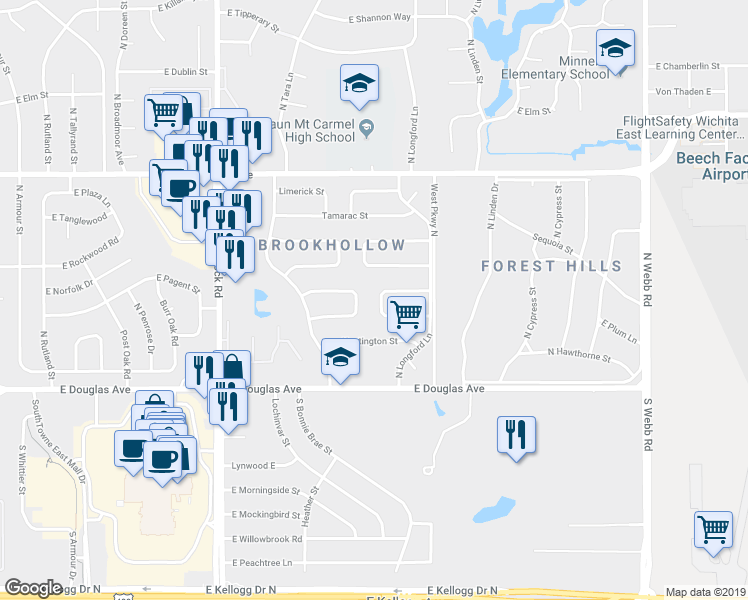 map of restaurants, bars, coffee shops, grocery stores, and more near 8510 E Overbrook Ln in Wichita
