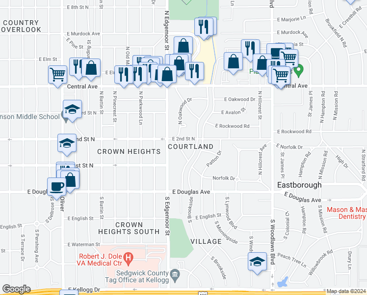 map of restaurants, bars, coffee shops, grocery stores, and more near 5626 Park Hollow in Wichita