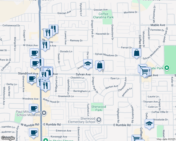 map of restaurants, bars, coffee shops, grocery stores, and more near 605 Sylvan Avenue in Modesto