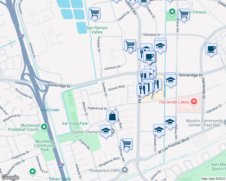 map of restaurants, bars, coffee shops, grocery stores, and more near 6342 Alvord Way in Pleasanton