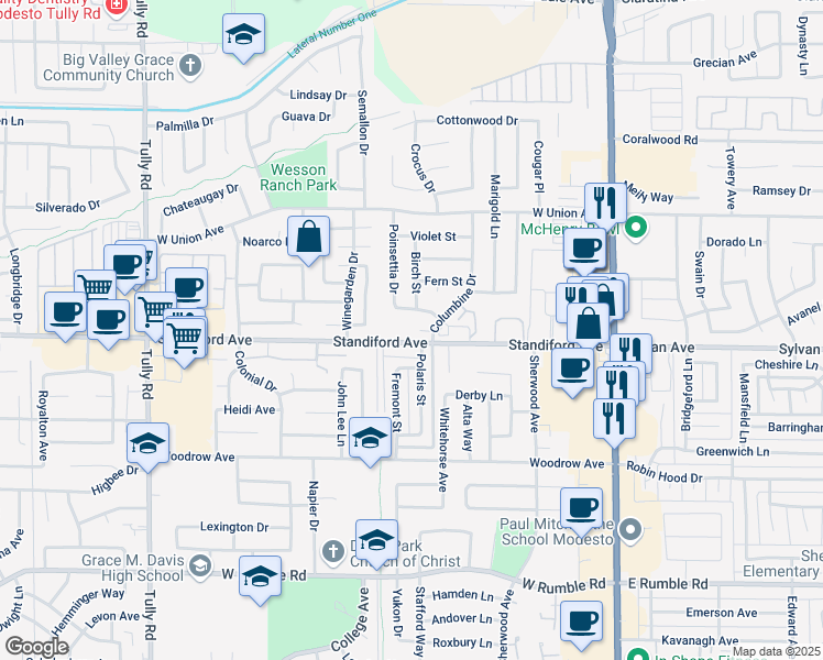 map of restaurants, bars, coffee shops, grocery stores, and more near 3499 Polaris Street in Modesto