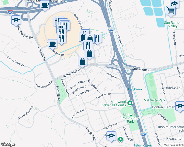 map of restaurants, bars, coffee shops, grocery stores, and more near in Pleasanton
