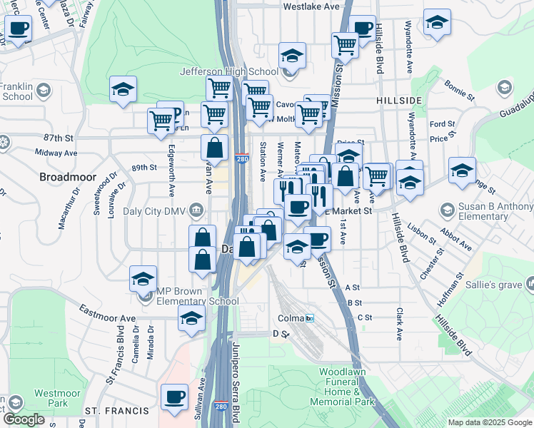 map of restaurants, bars, coffee shops, grocery stores, and more near 56 Hill Street in Daly City