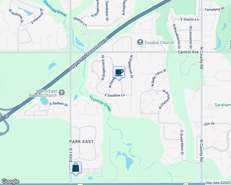 map of restaurants, bars, coffee shops, grocery stores, and more near 55-99 N Sandpiper Cir in Wichita