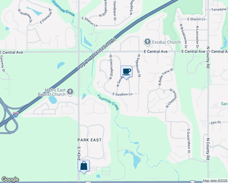 map of restaurants, bars, coffee shops, grocery stores, and more near 3 East Swallow Lane in Wichita
