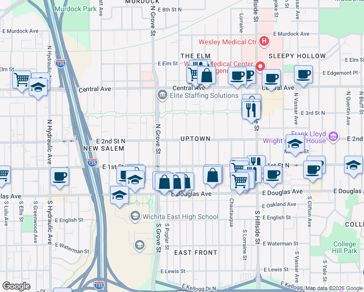map of restaurants, bars, coffee shops, grocery stores, and more near 225 North Estelle Avenue in Wichita
