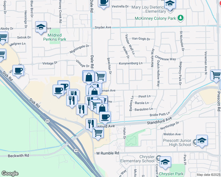 map of restaurants, bars, coffee shops, grocery stores, and more near 2843 Veneman Avenue in Modesto
