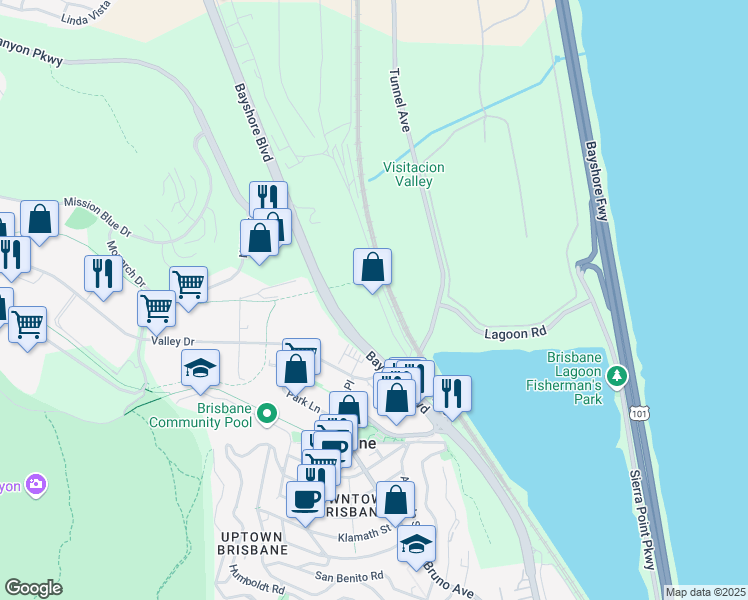 map of restaurants, bars, coffee shops, grocery stores, and more near 3401 Bayshore Boulevard in Brisbane