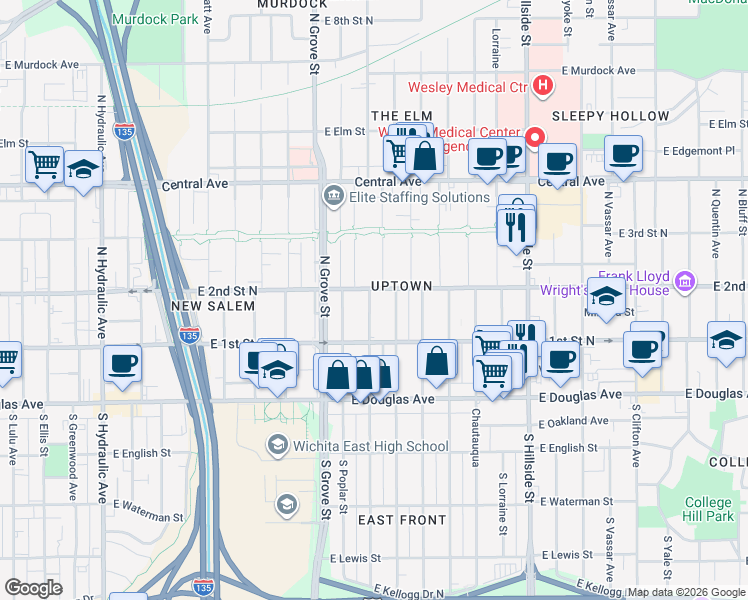map of restaurants, bars, coffee shops, grocery stores, and more near 225 North Estelle Avenue in Wichita