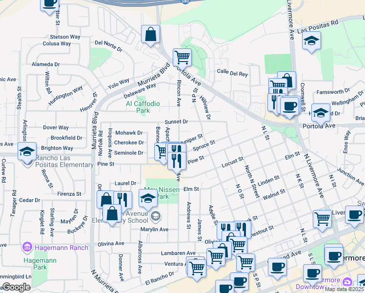 map of restaurants, bars, coffee shops, grocery stores, and more near 1052 Rincon Avenue in Livermore